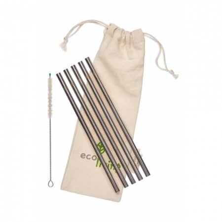 5 Stainless Steel Smoothie Straight Drinking Straws with Plastic-Free Cleaning Brush & Organic Carry Pouch