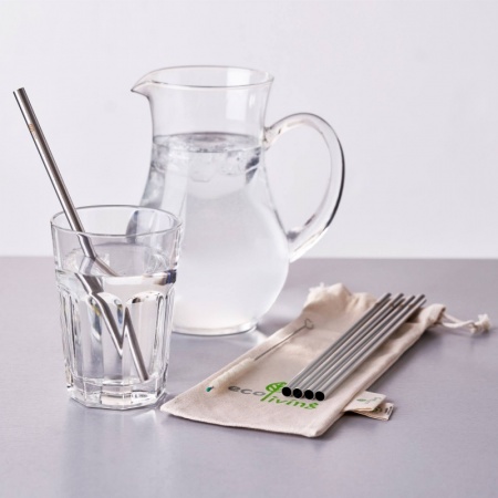 5 Stainless Steel Smoothie Straight Drinking Straws with Plastic-Free Cleaning Brush & Organic Carry Pouch